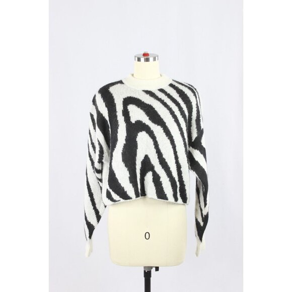 Aritzia TNA Utica Black White Zebra Striped Mohair Cropped Sweater, Size S - Picture 1 of 14
